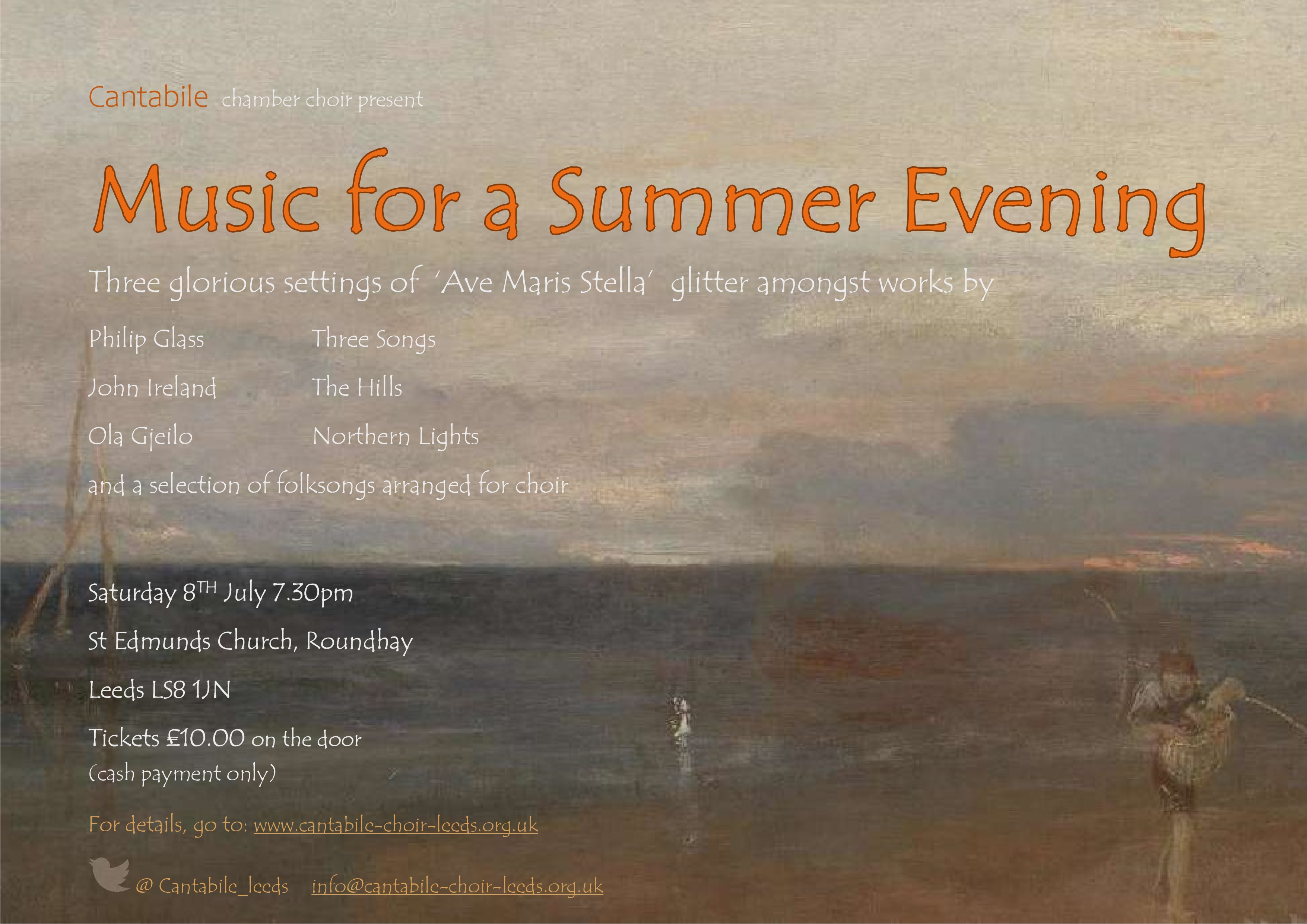 Music for a
    Summer Evening concert flyer July 2023, all details in text above, background
    picture is painting entitled 'The Evening Star' by Turner.